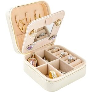 Small Travel Jewelry Case PU Leather Mini Organizer Box with Mirror Cream White